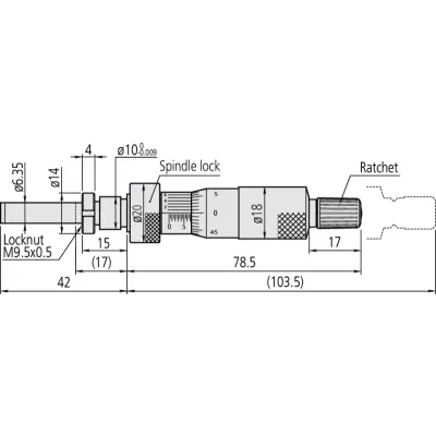 Головка мікрометра, стандарт середнього розміру 0-1", затискна гайка, фіксатор шпинделя, 0,0001" 150-216 Mitutoyo