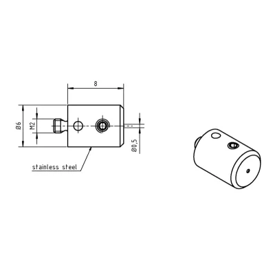 Stylus holder M2 for Ø0,5mm G7 stylus stainless steel base Ø6,0mm, L 8,0mm K651362 Mitutoyo